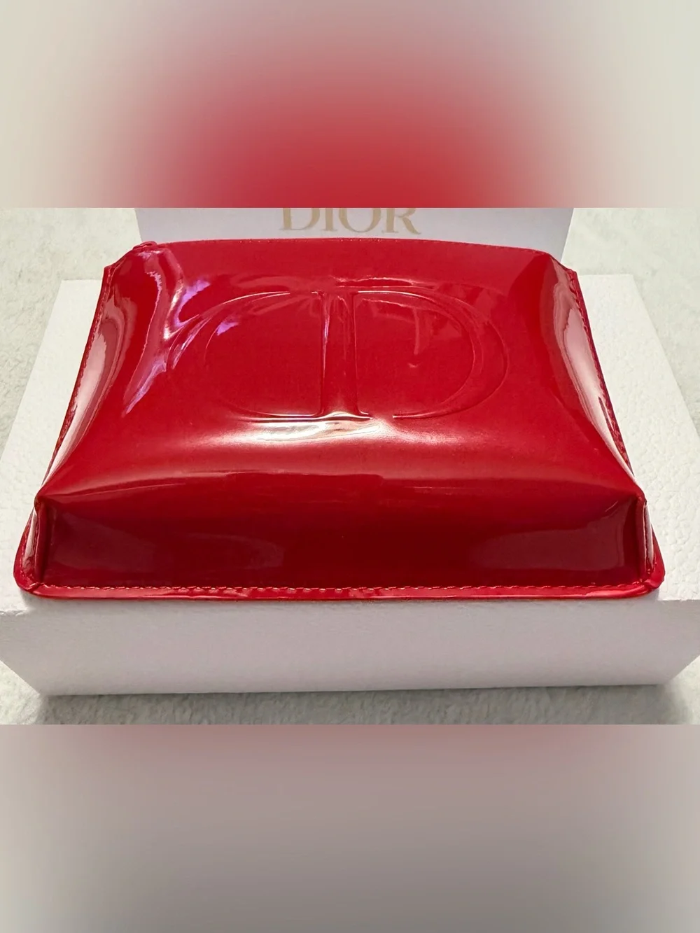 Dior Red Patent Cosmetic Pouch with Embossed CD Logo